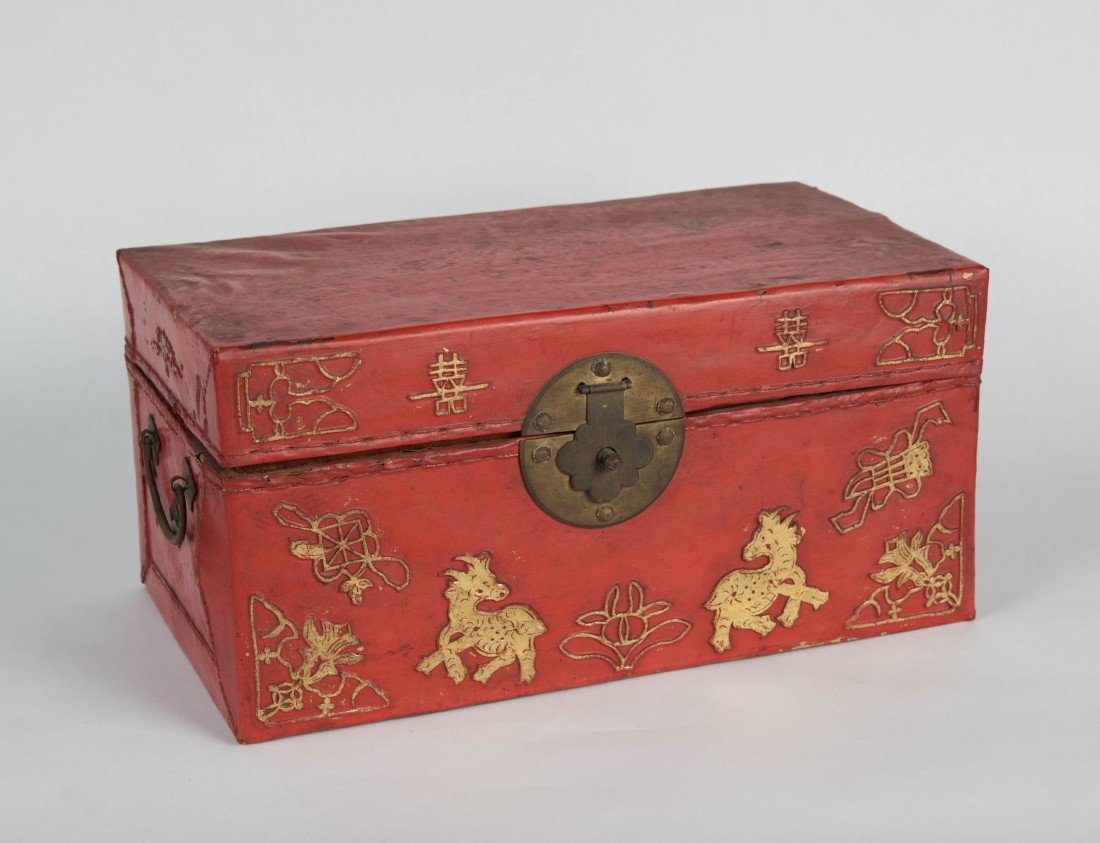 CHINESE RED AND GILT EMBOSSED PIGSKIN MAHJONG BOX;: CHINESE RED AND GILT EMBOSSED PIGSKIN MAHJONG BOX; height: 6 in.; length: 12 1/2 in.; width: 7 in.