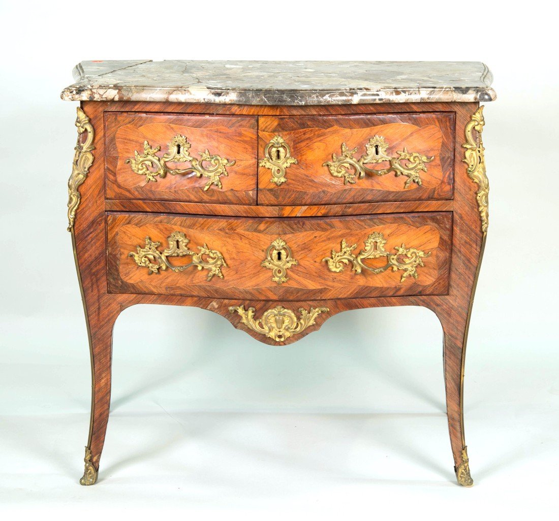 LOUIS XVI FRUITWOOD ORMOLU MOUNTED TWO DRAWER COMMODE,: LOUIS XVI FRUITWOOD ORMOLU MOUNTED TWO DRAWER COMMODE, 18th century; stamped J. M. Chevallier & B. Durand; height: 34 in.; width: 38 in.; depth: 21 in. Provenance: Property of a Newport, Rhode Island