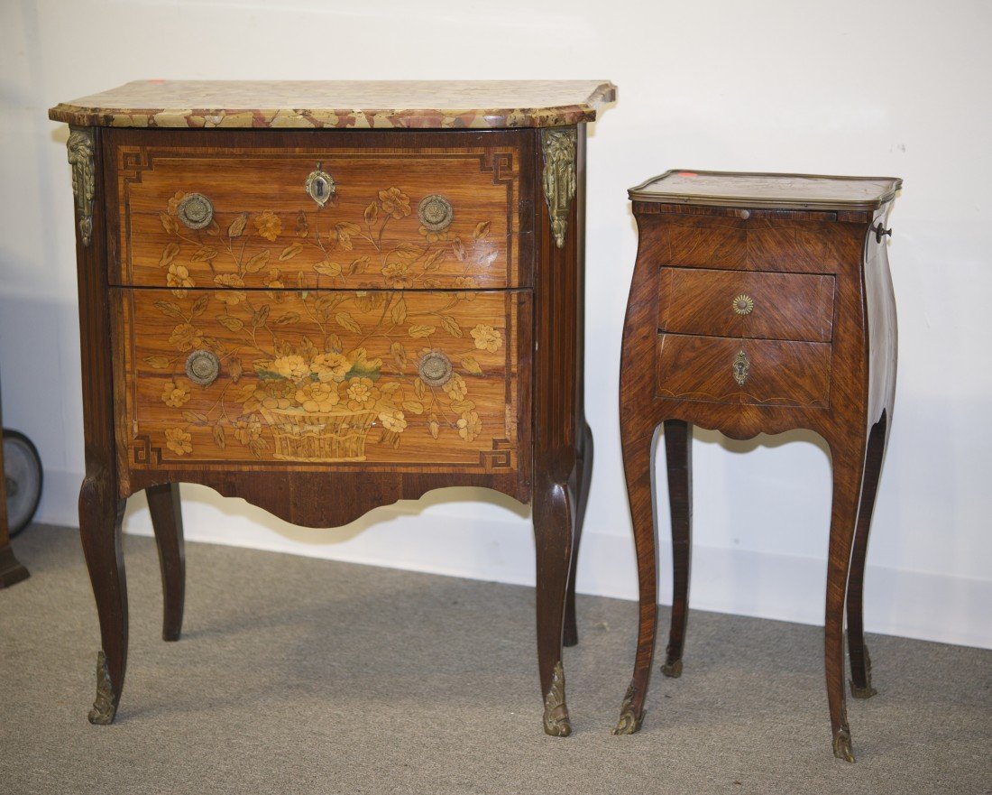 LOUIS XVI MARQUETRY INLAID MARBLE TOP TWO DRAWER PETIT: LOUIS XVI MARQUETRY INLAID MARBLE TOP TWO DRAWER PETIT COMMODE, Jacques Birckle, 18th century; stamped J. Birckle ; height: 32 in., width: 27 in., depth: 17 in.; together with a LOUIS XV CHIFFONIERE, 