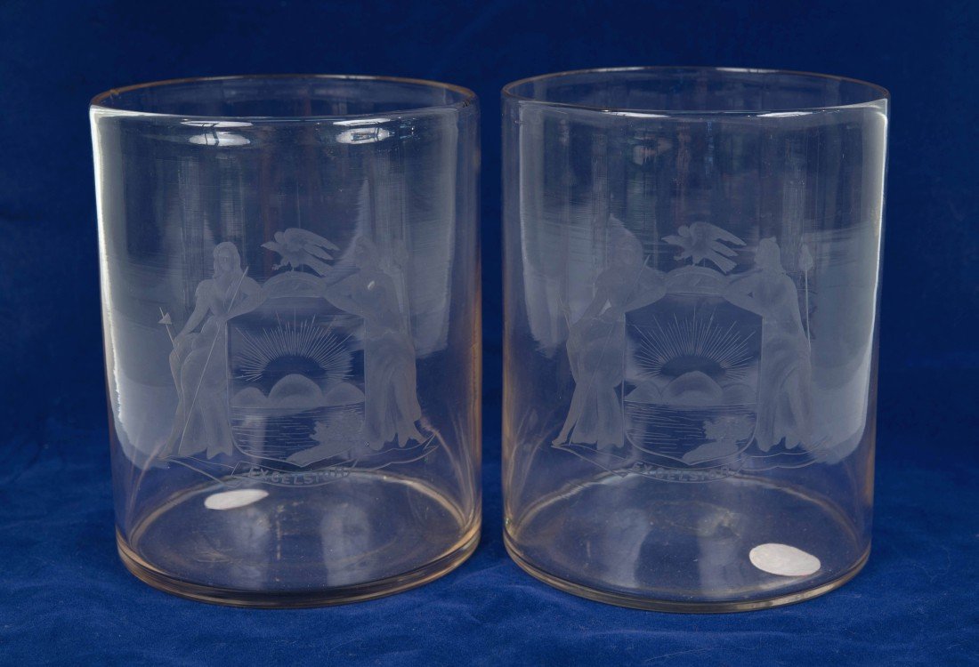 PAIR OF ETCHED GLASS VASES, 19th century;: PAIR OF ETCHED GLASS VASES, 19th century; bearing the N.Y. State Seal; height: 7 in. Provenance: Estate of Quincy Adams Shaw and Marjorie Bacon Cheney Shaw, Brookline, Massachusetts by descent to the 