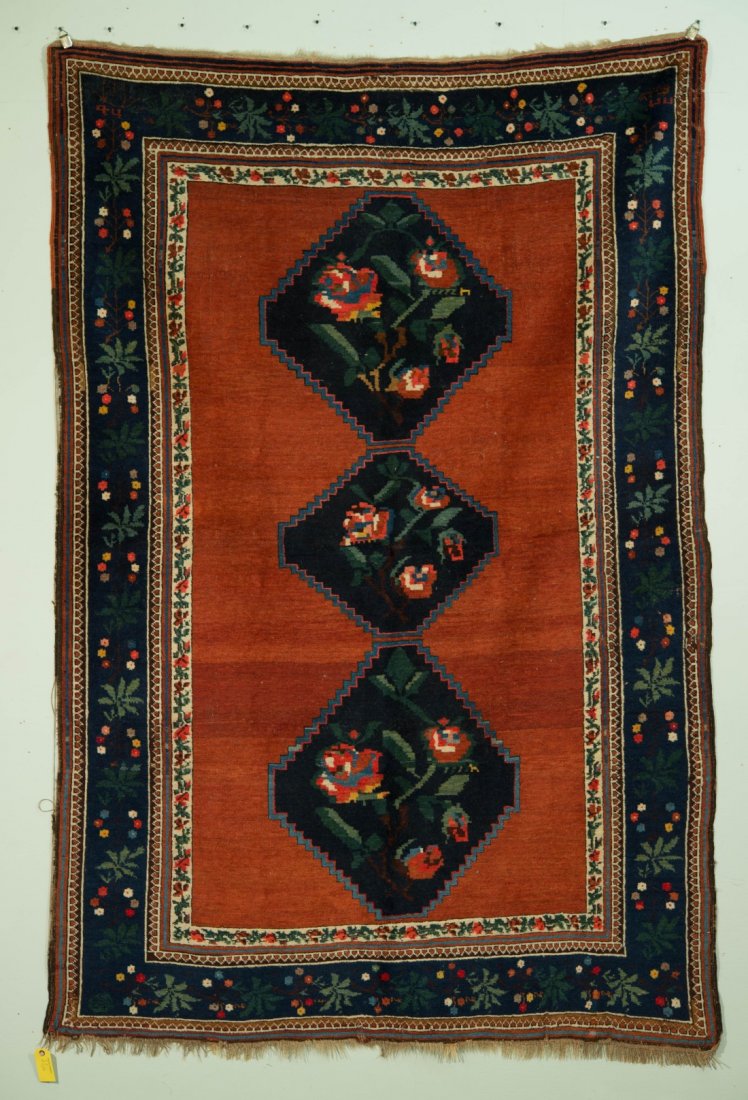 TRANS CAUCASUS RUG, ca. 1900;: TRANS CAUCASUS RUG, ca. 1900; possible Armenian, with inscriptions,7 ft. 6 in. x 5 ft.