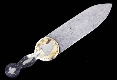 Plains Beaver Back Dag Knife Silver Inlay 19th C.: This is an exceptional example of an original authentic Beaver Tail or Beaver Back Dag Knife from the Plains Native American Indians. The piece dates to the early to mid 19th century and is attributed