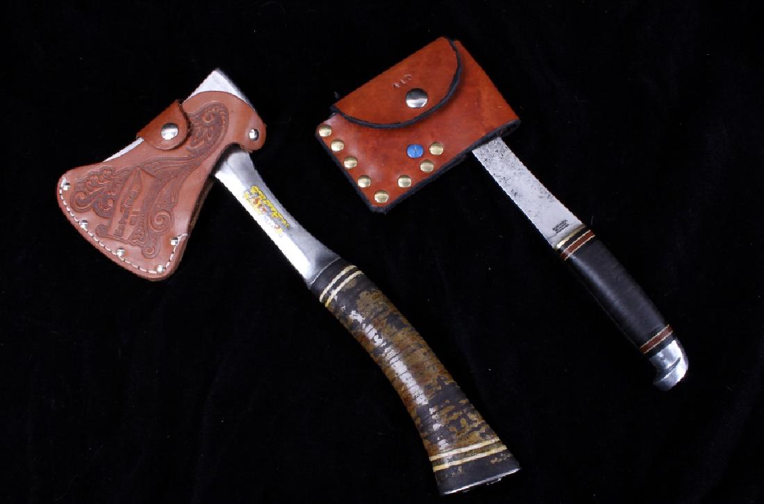 Pair of Hatchets With Leather Sheaths: This lot features a pair of hatchets, both of which, have leather sheaths. First up is a Estwing E24A sportsman hatchet. There are no signs of rust and it only shows a little bit of wear. The sheath h