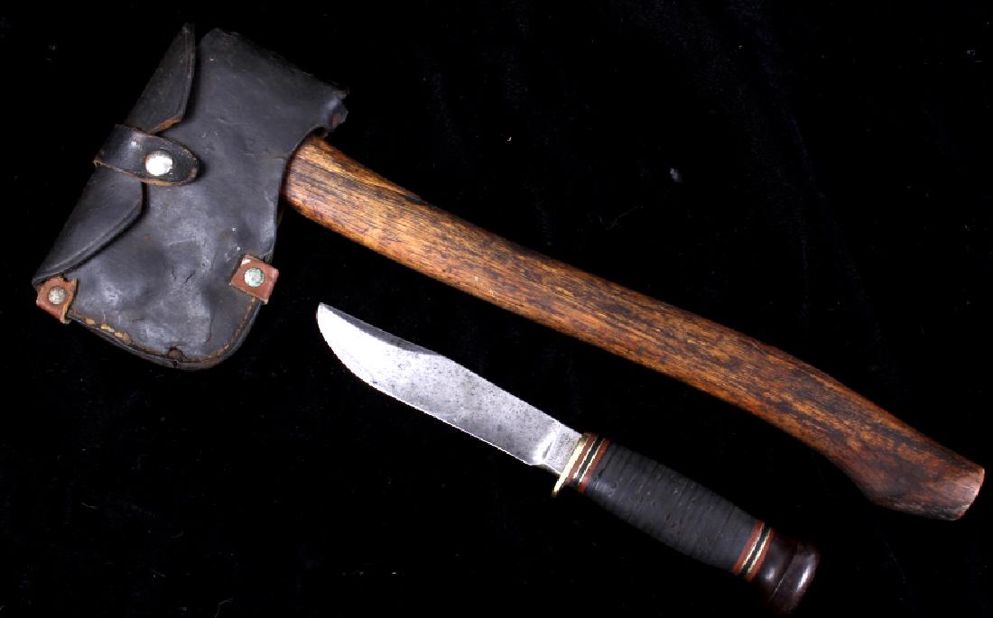 Marbles Hunting Knife & No. 9 Hatchet With Sheath: This pair of Marble's cutlery is a uncommon sight. The lot features a Marble's No. 9 Hatchet with original sheath and a Marbles 5" Hunting knife. The hatchet has a original hardwood handle along with 