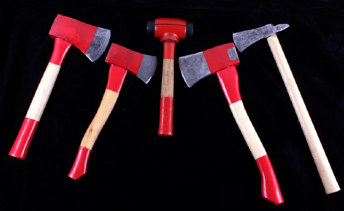 Hatchet, Hammer & Tomahawk Collection: This collection of hatchets, rubber hammer, and tomahawk is a unique group. All of the tools excluding the tomahawk sport a red painted head and handle. The tools included are a Collins hatchet, Swede