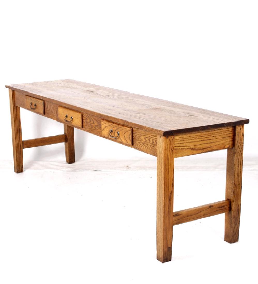 Large Golden Oak Library Table: Offered for sale is a large oak library table. The table is around 8ft long made from beautiful golden oak. The table has a excellent wood grain which highlights the tables excellent color. Overall th