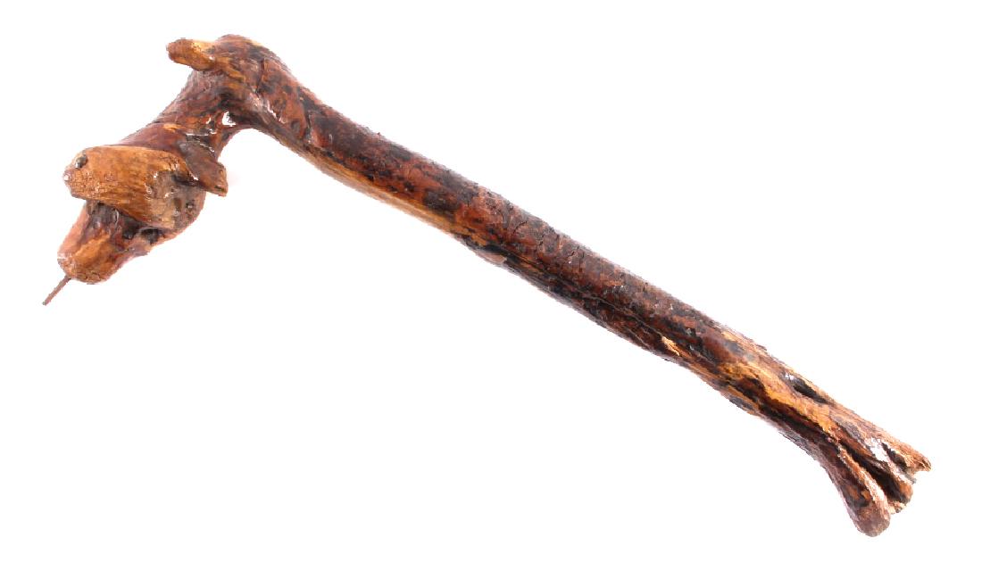 Native American Plains Indian Snake War Club: This is a Plains Native American Indian snake effigy war club. The piece is a natural wood growth that resemble a snake with brass tacks for the eyes. A square iron spike has been driven into the end.