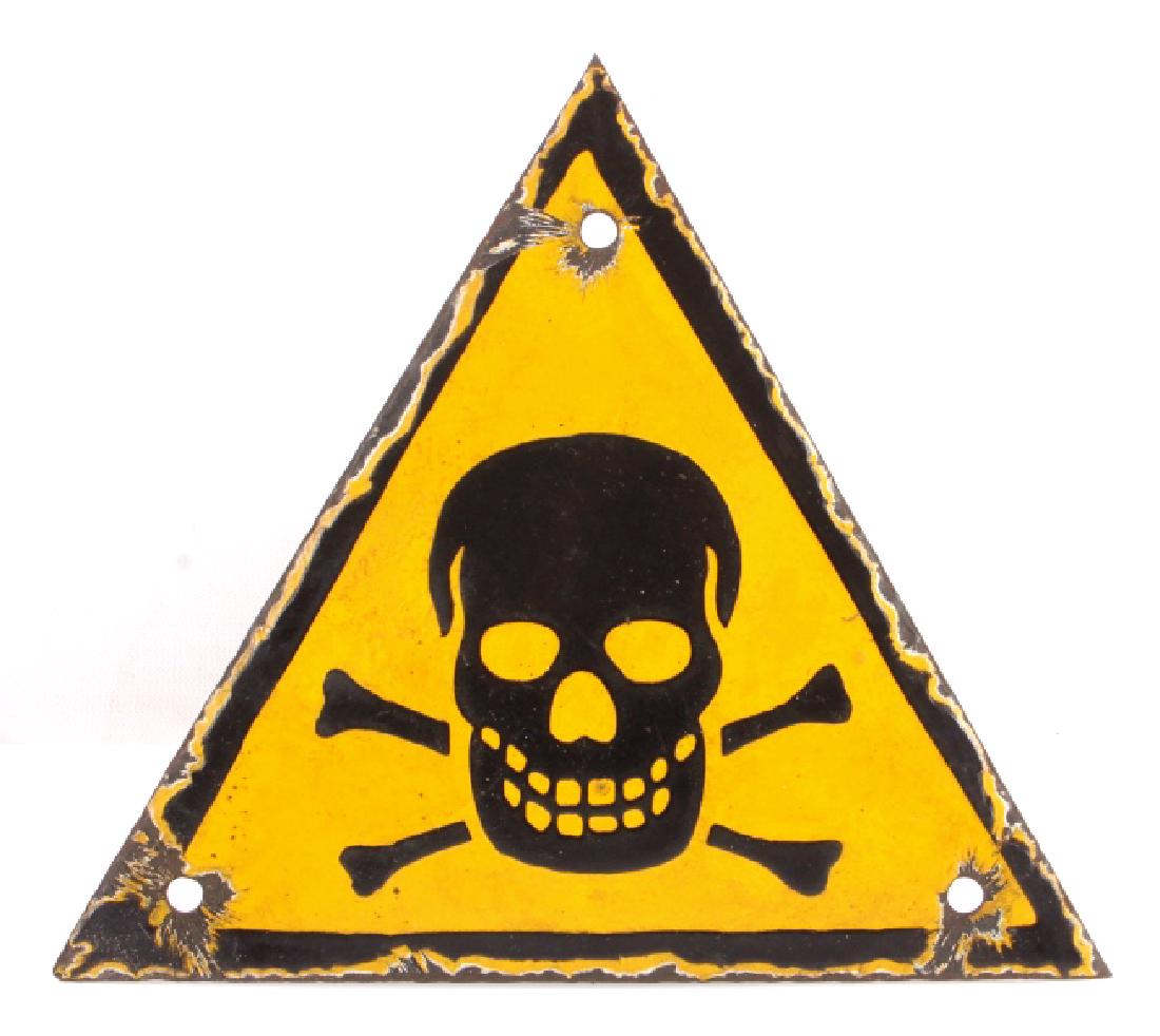 WWII Nazi Skull & Crossed Bones Porcelain Sign: This is a World War II porcelain enamel sign from the Nazi Germans. The sign shows a triangle shape with a yellow background, black border, and iconic black skull and crossed bones. Slight loss to por