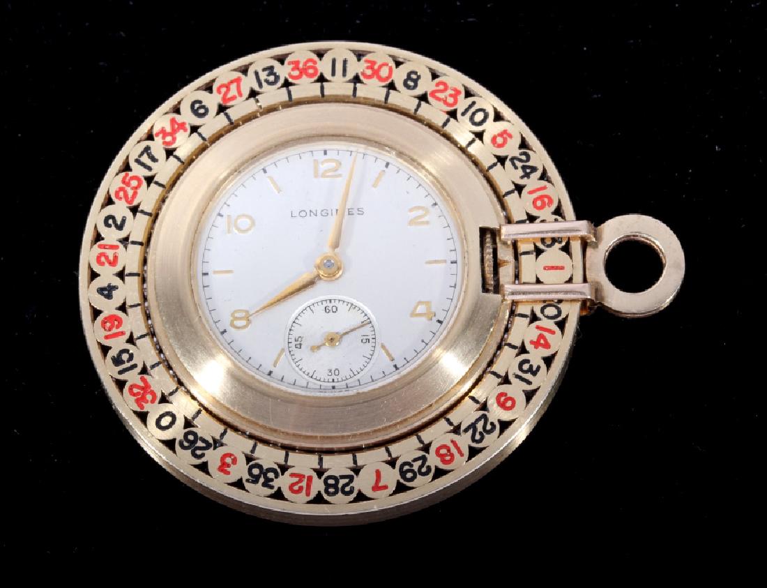 Longines Roulette Wheel Watch 14k Gold c. 1940's: This is an original authentic Longiness Roulette Wheel Pocket Watch made of 14k solid yellow gold. The watch dates to circa 1940's and would be the center of any gambling collection. The watch feature