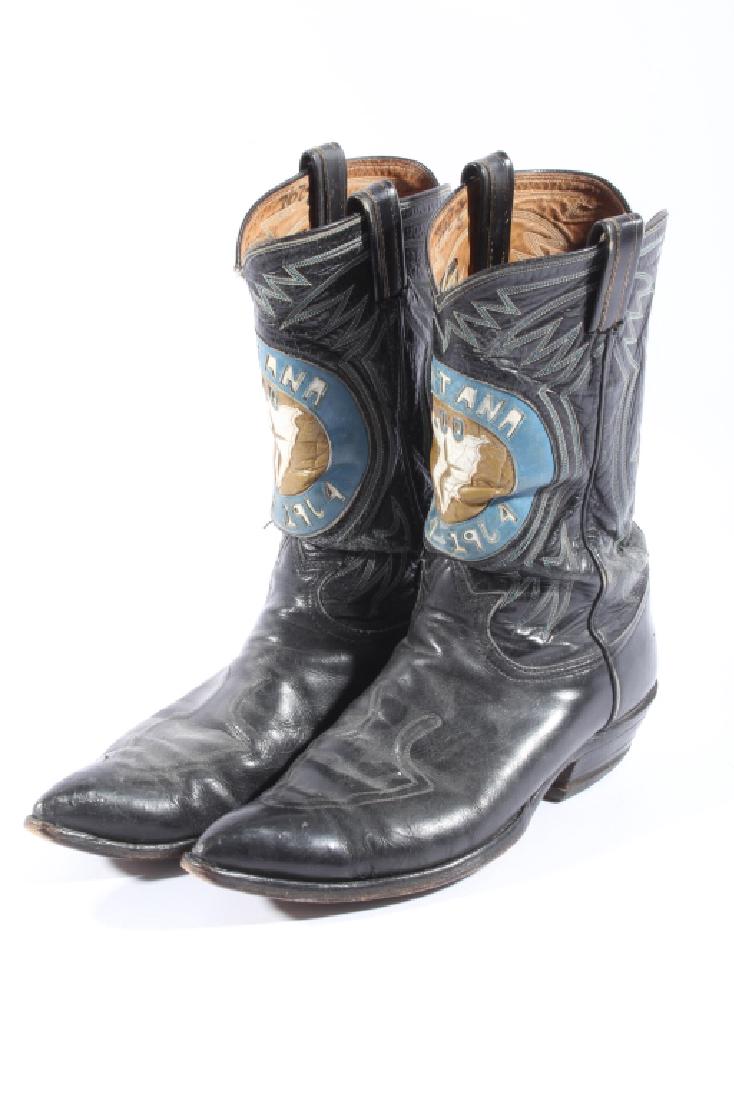 Montana Tony Lama Centennial Cowboy Boots: Offered for sale is rare example of a pair of Montana Tony Lama centennial cowboy boots which were commissioned by the governor of Montana in 1964, Tim Babcock. The boots features a black leather embr