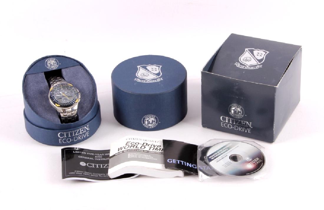 Citizen Eco-Drive Blue Angels Watch NIB: This is a new in box Citizen Eco-Drive Blue Angels watch. The watch is powered by light and a special energy storage cell. The watch has many special features including a chronograph, timer, alarm and
