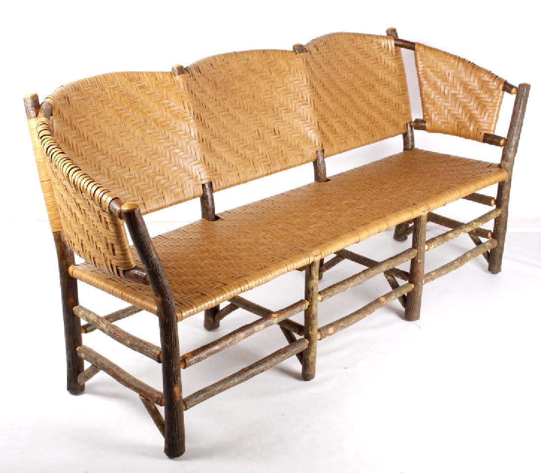 Old Hickory No.120 Hoop Settee w/ Woven Cane: You have the opportunity to bid on a magnificent Old Hickory Furniture Company three position NO. 120 "Vintage" Hoop style Settee. The settee features a beautiful live edge, natural, unpeeled hickory