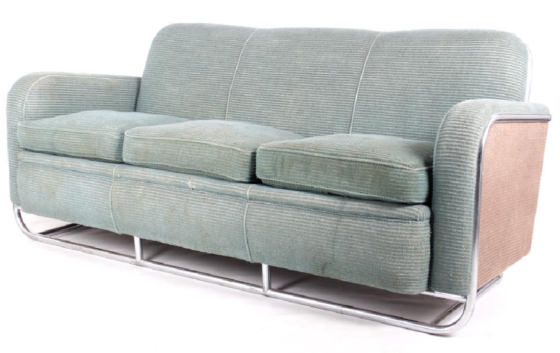 Art Deco Tubular Chrome & Corduroy Couch: Available for bidding in this lot is a vintage Art Deco couch, constructed of a flowing chromed tubular frame, and lined with supple green and brown corduroy. This couch is believed to be designed by