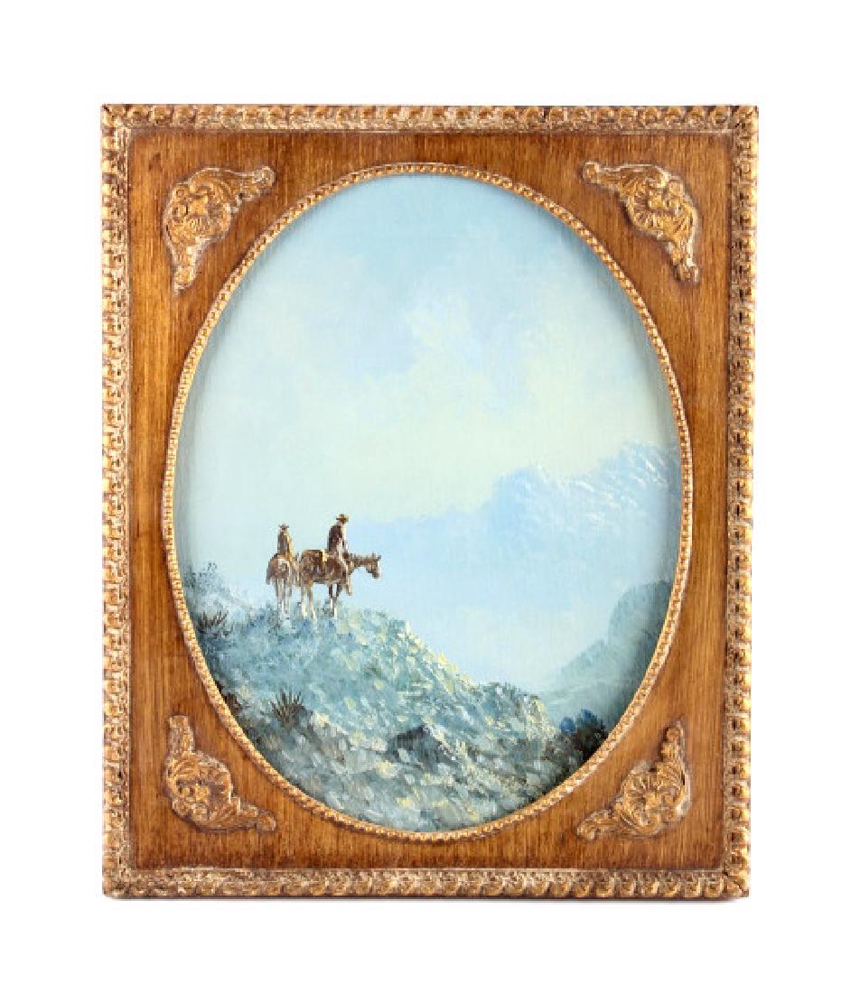 Original Lester Hughes Oil on Canvas Painting: This is an original Lester Hughes oil on canvas painting. The painting depicts a pair of cowboys on horseback descending a mountain trail. Lester Hughes is a Texas artist who is well known for his Wes