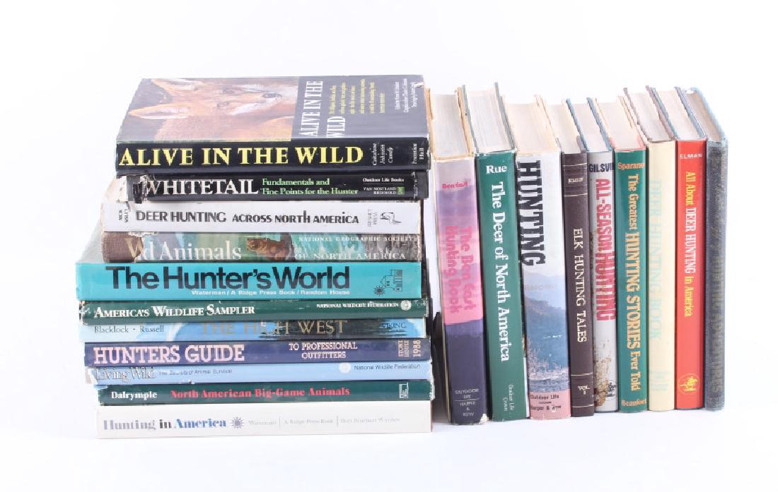 Hardcover Hunting Book Collection: This is a large collection of 20 hardcover hunting books. Some of the titles include "All About Deer Hunting in America", "The Hunter's World", "Hunter's Guide", "America's Wildlife Sampler", "North A