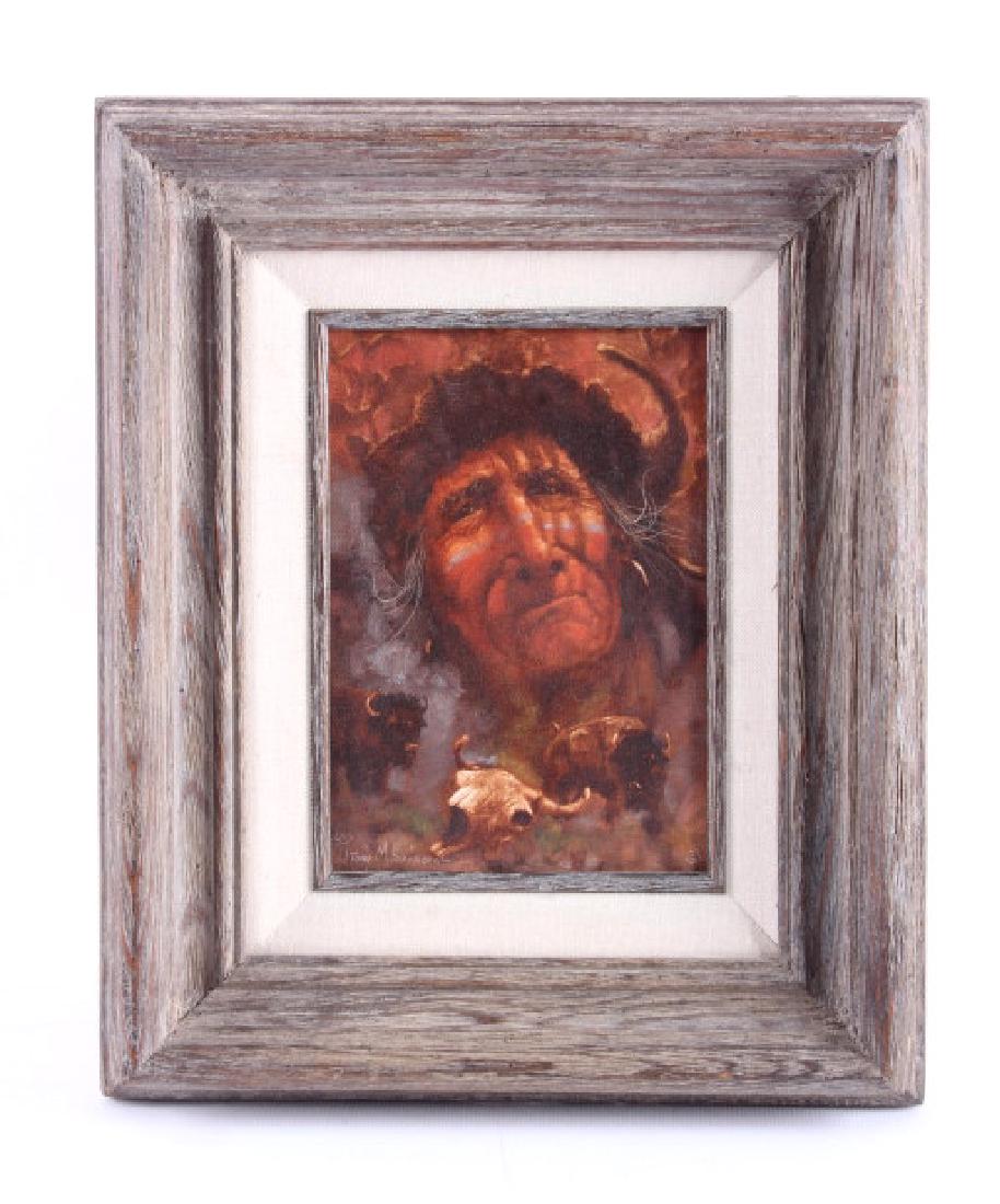 Tony Sandoval Original Oil on Canvas Painting: This is an original Tony Sandoval oil on canvas painting. The piece depicts a Native American Indian medicine man having a vision quest. The medicine man is wearing a buffalo horn hat with the images
