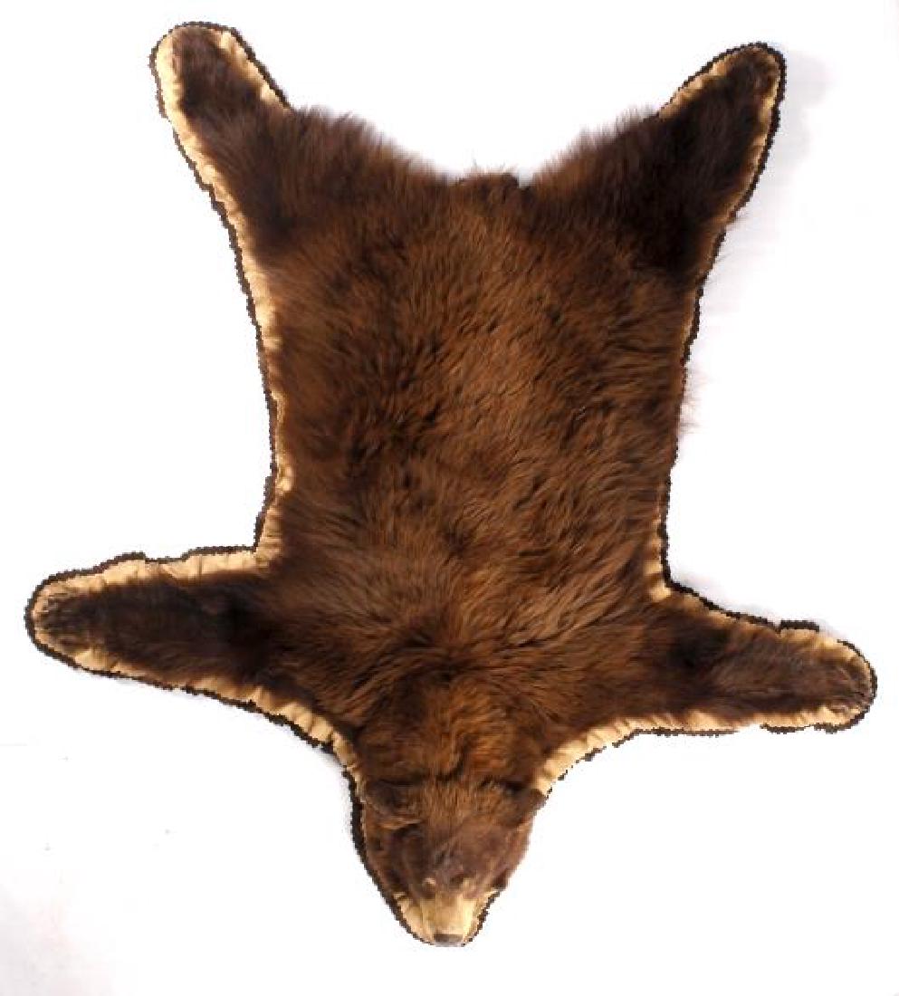 Montana Black Bear Taxidermy Rug Mount: This is a Montana black bear taxidermy rug mount. The bear is double mounted on felt backing and shows a wonderful rich brown color. The bear has all its claws and shows little to no loss of fur. The