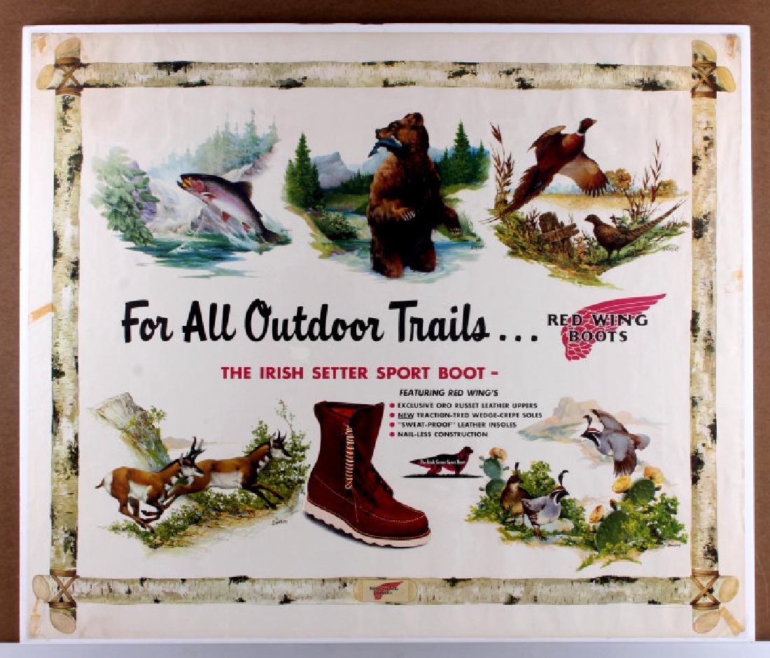 Red Wing Boots Advertising Poster c.1945: This is an original Red Wing boot advertising poster from circa 1945 published by Brown & Bigelow. The poster features the artwork of Fred Sweney, who was an illustrator working for Brown & Bigelow. T