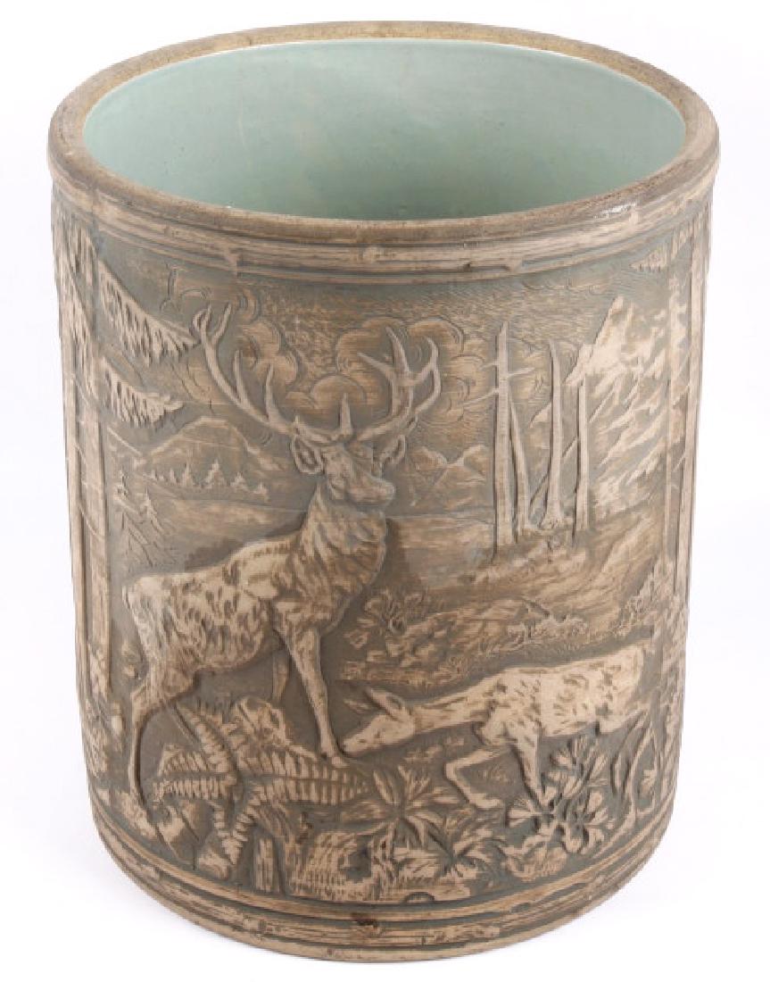 Redwing Stoneware Elk Stag Yelloware Crock: You have the opportunity to bid on a Redwing Stoneware Elk Stag Crock circa 1920-30. The crock displays a fantastic 360 degree decorative woodland scene, featuring a Stag Elk and his Doe. This excelle
