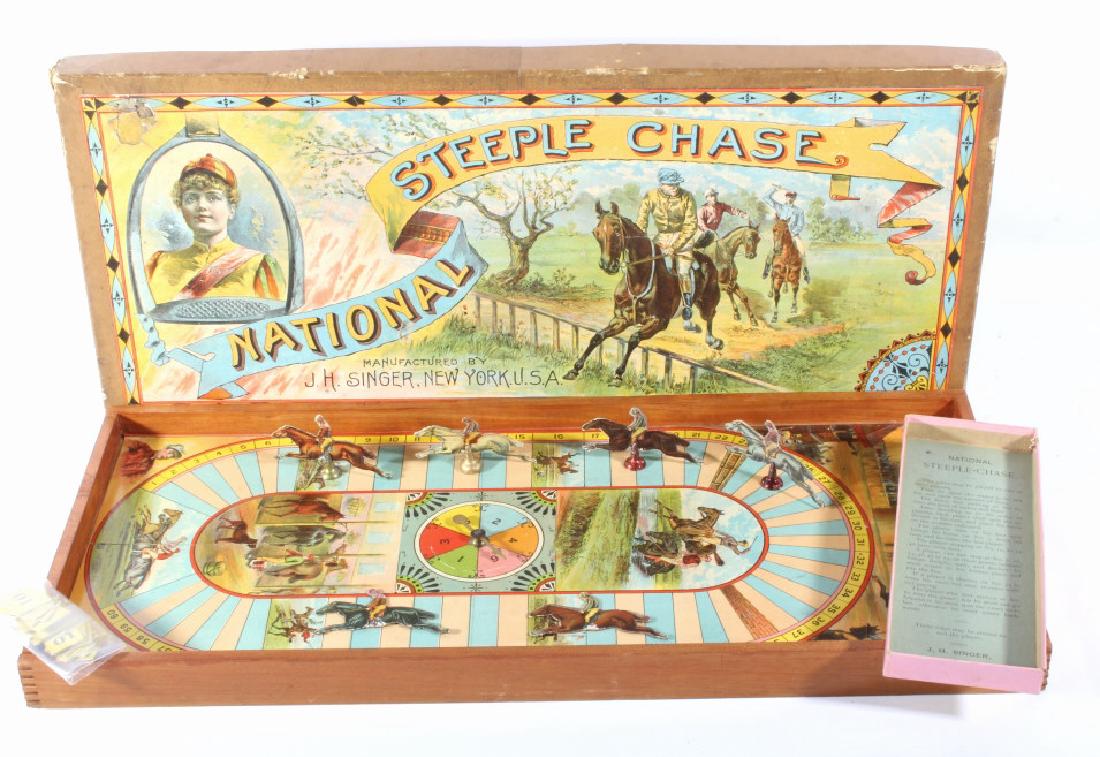 Rare Chromo Lithographed Steeple Chase Horse Game: Offered for sale is a Very rare and original, 1890's Sporting / Horse Racing Subject Chromo Lithographed Boxed Board Game titled "National Steeple Chase" manufactured by J. H. Singer of New York City.