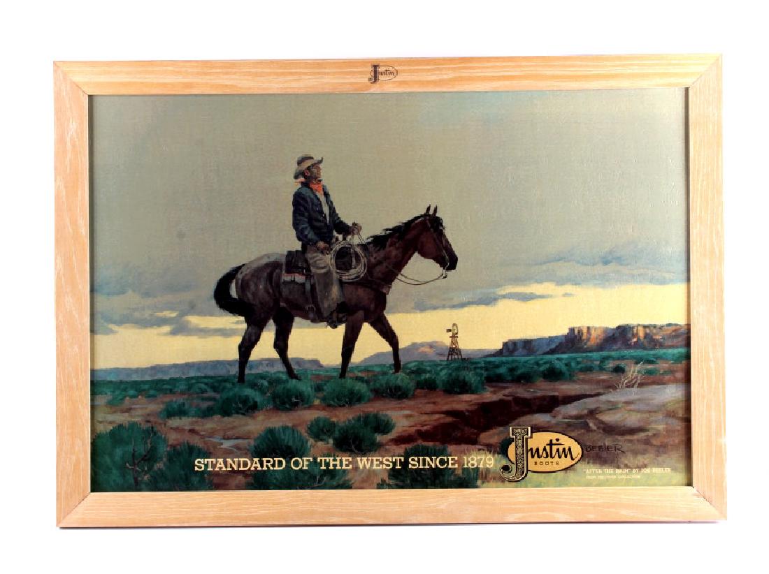 Justin Boots Advertising Print by Joe Beeler: This is a Justin Boots framed advertising print by Joe Beeler. The print is titled "After the Rain" and depicts a cowboy on horseback watching a passing storm. The bottom of the piece reads "Standard