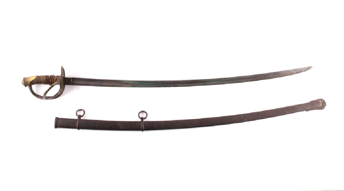 Civil War Cavalry Sword w/ Scabbard W. Clauberg: This is an original Civil War era cavalry sword and scabbard. The sword was made by and marked "W. Clauberg Solingen". The sword shows a long curved steel blade with a wire wrapped wooden handle and b