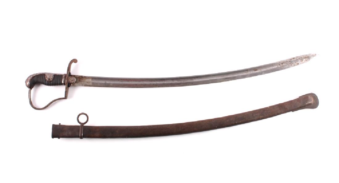 Imperial German Artillery Saber & Scabbard: This is a standard Imperial German artillery saber and scabbard. The sword features a long sweeping steel blade with a leather wrapped handle. The sword was made by Otto Mertens and is marked as such
