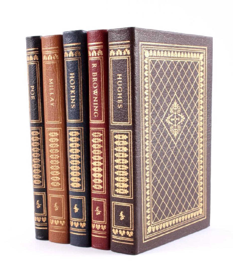 Easton Press Leather Bound Poetry Book Collection: This is a collection of five Easton Press leather bound poetry books. Included is "Poems and Prose of Richard Manley Hopkins", "Poems of Robert Browning", "Complete Poems of Edgar Allen Poe", "Selecte