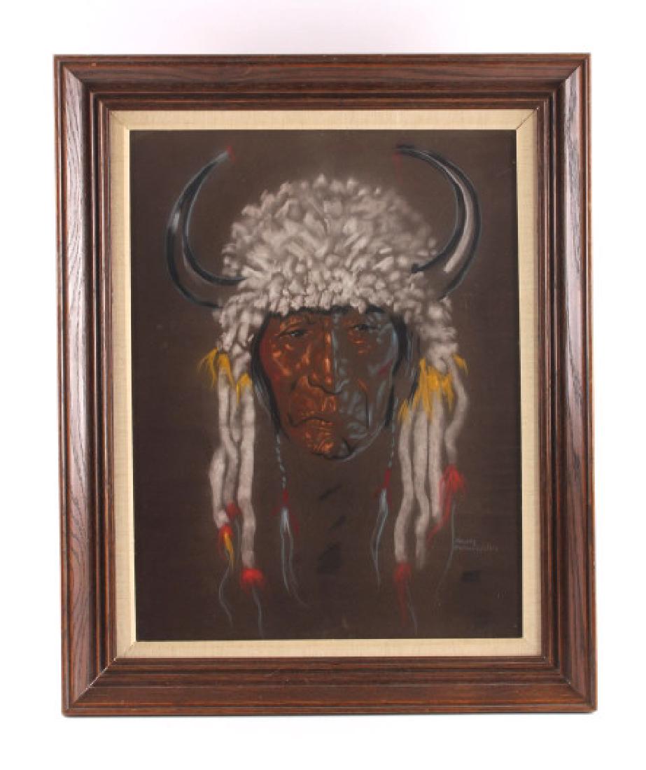 Nancy McLaughlin Original Chalk Painting: This is an original Nancy McLaughlin chalk on felt paper Native American framed painting. Nancy Mc:Laughlin was a Montana artist who was born and raised in Kalispell. She is best known for her Native 