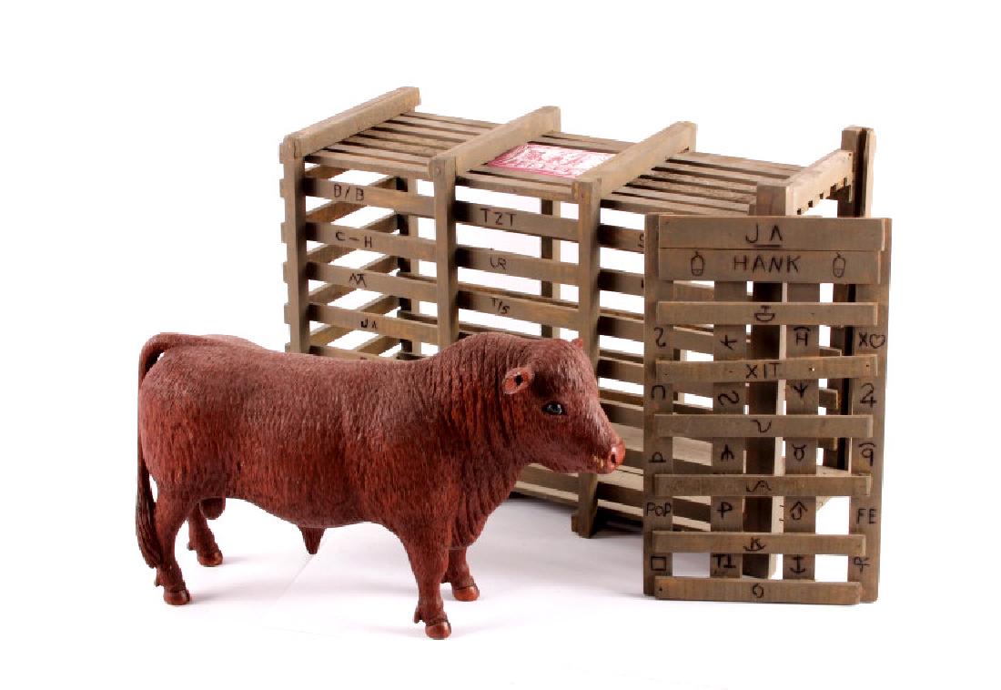 Frawley Ranch Folk Art Bull Spearfish SD c.1900-: This is an extraordinary hand carved folk art wooden bull figure from the Frawley Ranch near Spearfish, South Dakota. The sides of the crate show original early South Dakota Branding Iron "Brands". Pa