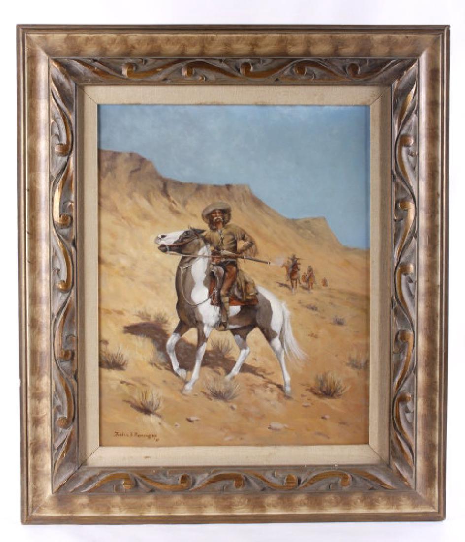 Frederic B. Remington "The Scout" Oil Painting: This is a fantastic oil painting done in the likeness of the prominent western artist - Fredric B. Remington's famous painting, titled; "The Scout". The original painting was completed in 1902, and wi