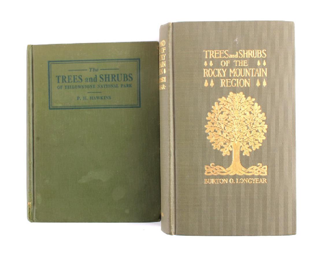 Trees & Shrubs Yellowstone Rocky Mountains Books: This is a pair of books titled "Trees and Shrubs of Yellowstone National Park" by P.H. Hawkins and "Trees and Shrubs of the Rocky Mountain Region" by Burton O. Longyear. Both books feature numerous il
