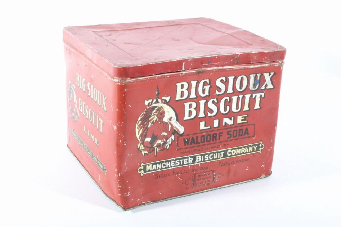 Big Sioux Biscuit Line Waldorf Soda Biscuit Tin: You are bidding on a Big Sioux Biscuit Line Waldorf Soda Biscuit Tin. The tin features a great red color with great designs highlighted in silver and black. This tin is in good condition for its age,