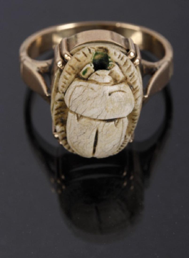 14k Gold, Excavated Burial Scarab Ring: Provided for your consideration is a 14 karat gold ring, featuring a excavated Egyptian scarab. The scarab is said to be an ancient piece, excavated from an Egyptian pyramid in the 1920's. The hand ca