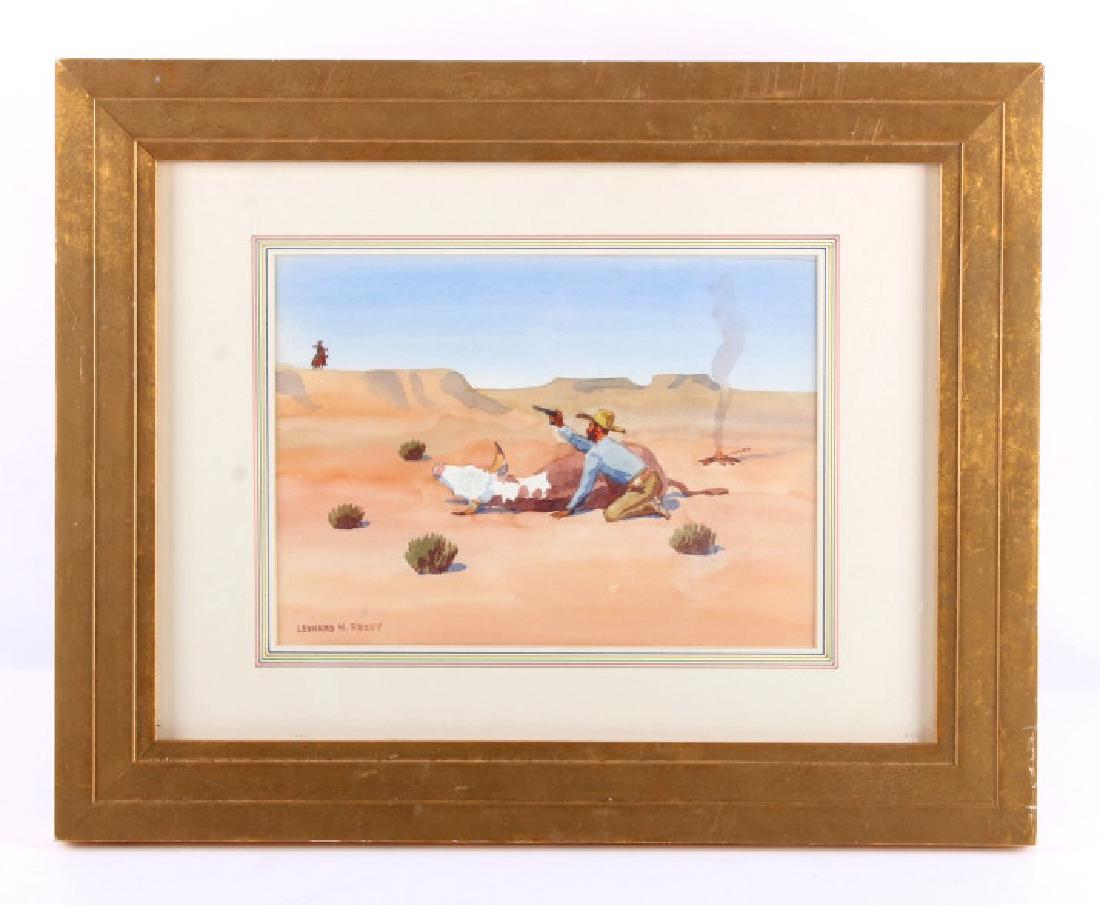 Original Leonard Reedy Framed Watercolor Painting: This is an original Leonard Reedy (1899-1956) framed watercolor painting titled "The Rustler". The piece shows a cattle rustler in a shootout with the rancher. Born in Chicago, Reedy is best known for