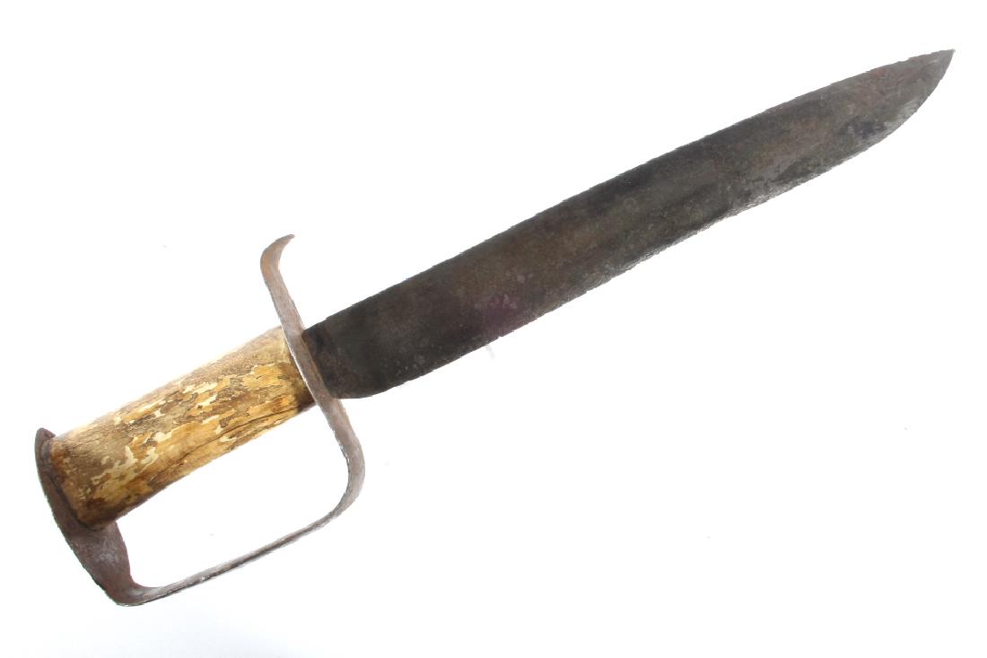 Large Civil War D-Guard Forged Iron Bowie Knife: Offered for sale is a Large Civil War D-Guard Forged Iron Bowie Knife. The knife features a heavy 13 1/2" forged blade, matching D-Guard, and bone handle. This is a huge 18 ½” fighting side knife p