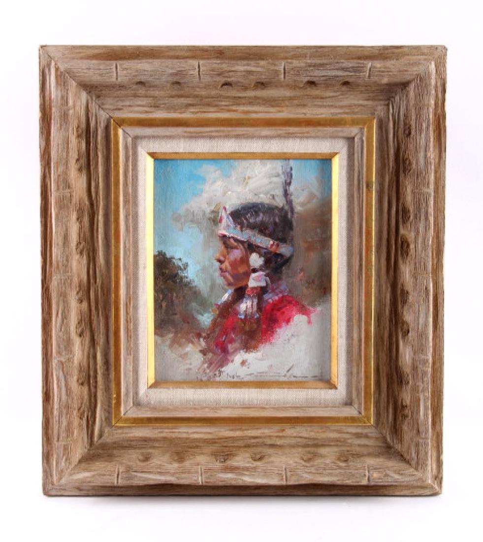 Original Crow Indian Dancer Framed Oil Painting: This is an original oil on canvas framed painting of a Crow Native American Indian dancer. The profile portrait shows the Indian girl in a dress with a ceremonial headpiece. The painting is in good co