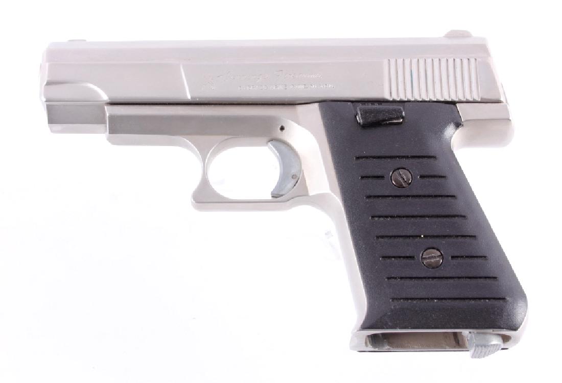 Jennings Bryco Model 59 9mm Semi-Auto Pistol: This is a Jennings Firearms by Bryco Arms Model 59 semi-automatic pistol chambered in the 9mm caliber. The pistol features a matte stainless frame and slide with factory grips. The left side of the sl