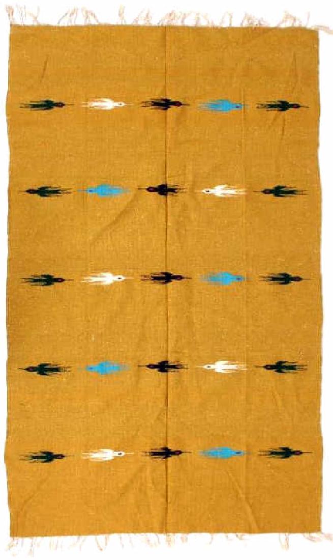 Native American Zapotec Wool Rug: This is a hand woven and hand dyed rug by the Zapotec Indians of the Oaxaca Valley in Mexico. The rug is an Amber Yellow with a woven pattern of Peyote Birds in turquoise, white, blue, and green and f