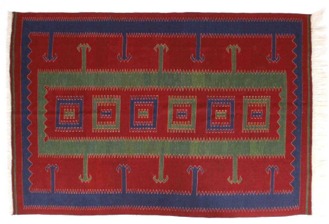Zapotec Native American Indian Hand-Spun Wool Rug: Offered for sale is this large hand spun and dyed 100% wool rug made by members of the Zapotec tribe of Mexico. The rug features nice vivid coloring and eye-catching geometric shapes. The rug is in go