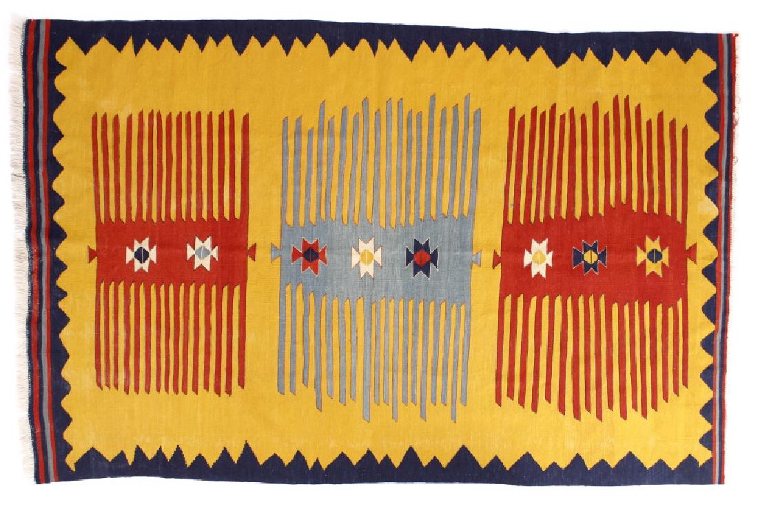 Zapotec Native American Indian Hand-Spun Wool Rug: Offered for sale is this large hand spun and dyed 100% wool rug made by members of the Zapotec tribe of Mexico. The rug features nice vivid coloring and eye-catching geometric shapes. The rug is in go