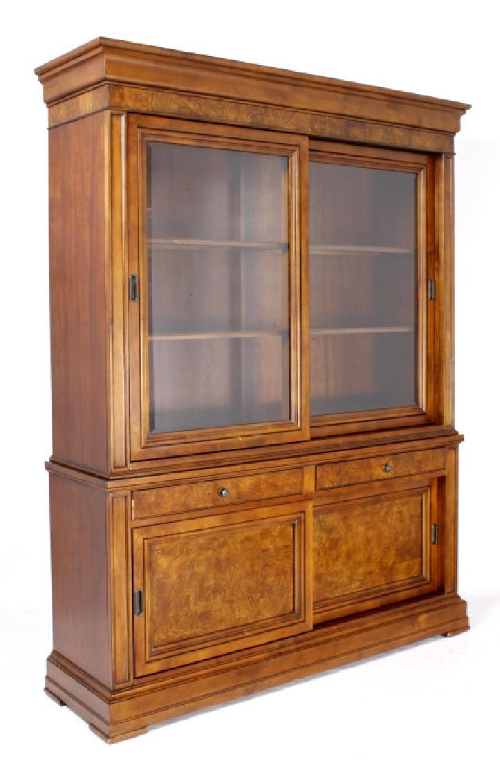 Ethan Allen Buffet Hutch Cabinet: This lot includes a two piece, Ethan Allen hutch, or sideboard cabinet. The hitch is constructed of solid poplar wood with cherry, walnut, and primavera veneers. The lower portion sits about waist hig