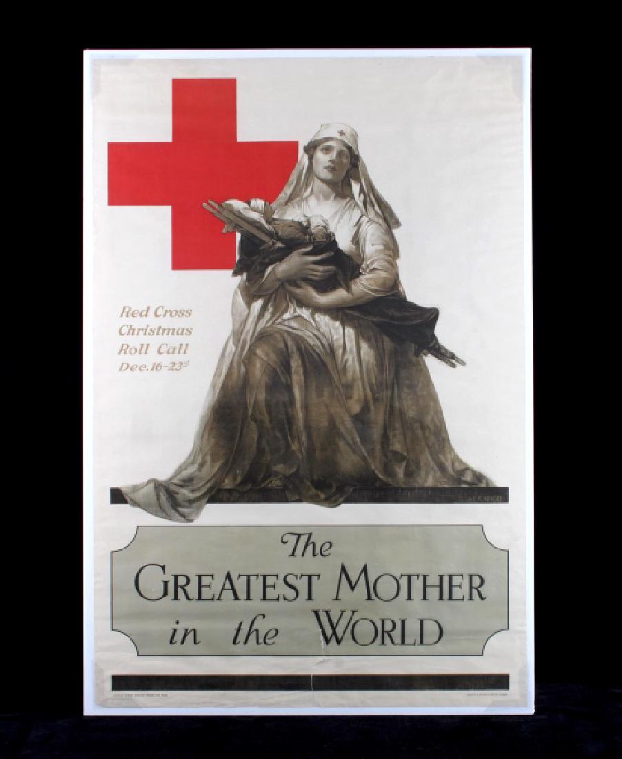 Original WWI American Red Cross Poster: This is an original WWI American Red Cross poster from 1918. The poster shows a wonderful image of a Red Cross nurse cradling a wounded soldier in her arms. The artwork for the piece was created by Al