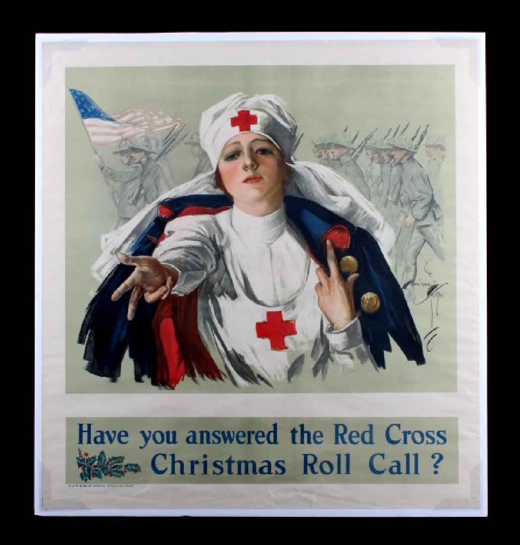 Original WWI Red Cross Christmas Roll Call Poster: This is an original WWI Red Cross poster from 1918. The poster shows a Red Cross nurse in a cloak with her arm extended toward the reader while soldiers march in the background. The bottom of the post