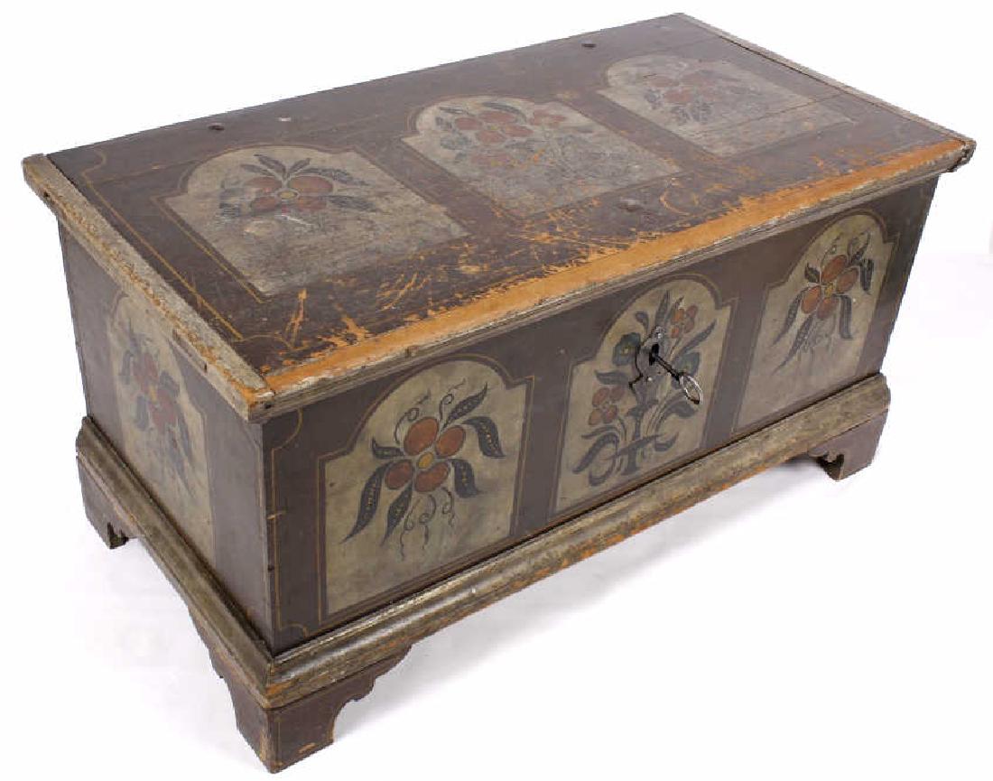 Hand-Made Scandinavian Immigrant Trunk c. 1800's: This item is an antique hand crafted, and painted Immigrant trunk, dating from the mid-late 18th century, and originating from the Nordic region. The trunk features hand forged hardware, hand painted 