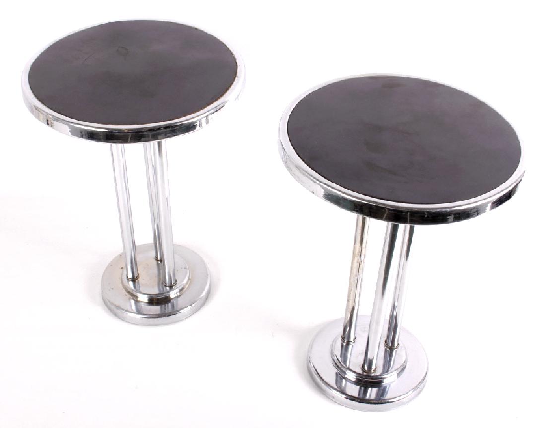 Howell & Wolfgang Hoffmann Art Deco Side Tables: This lot offers up a pair of 1930's Art Deco side tables, designed by Wolfgang Hoffmann, for the Howell Furniture Company, of Geneva, Illinois. The tables boast chrome plated cigarette stands, with gl