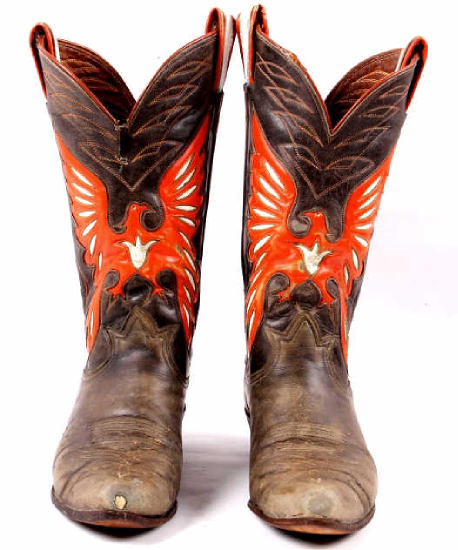 Tony Lama Double Eagle Inlay Cowboy Boots: You are bidding on a pair of rarely seen Tony Lama double eagle cowboy boots. The boots are dark brown with inlaid coral red spread-winged eagles with white tulip breast insets front and back of each