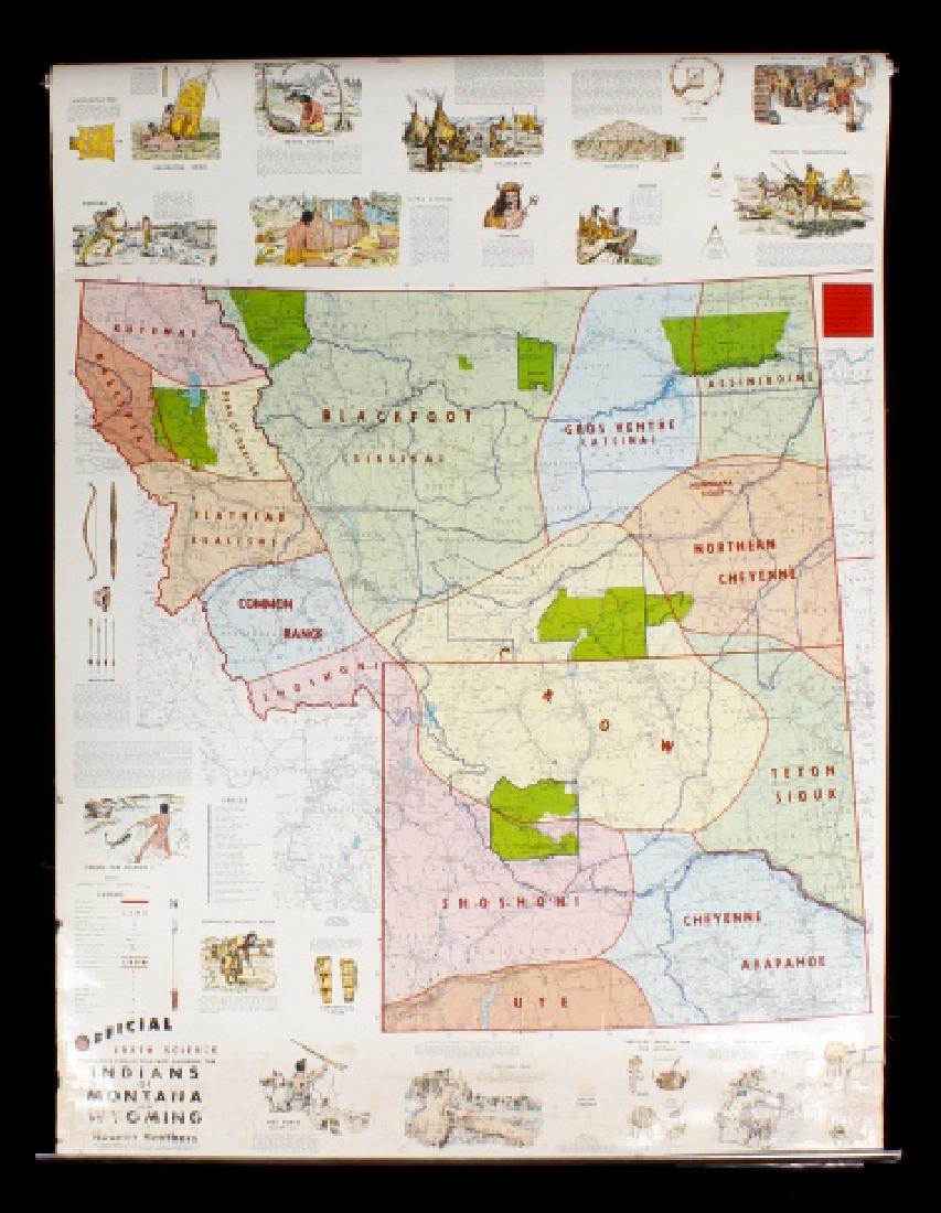 Official Indians of Montana & Wyoming Map: For bidding in this lot is the "Official Polyconic Projection Map Showing the Indians of Montana and Wyoming" by the Hearne Brothers. The antique school map shows the Native American Indian tribes, an