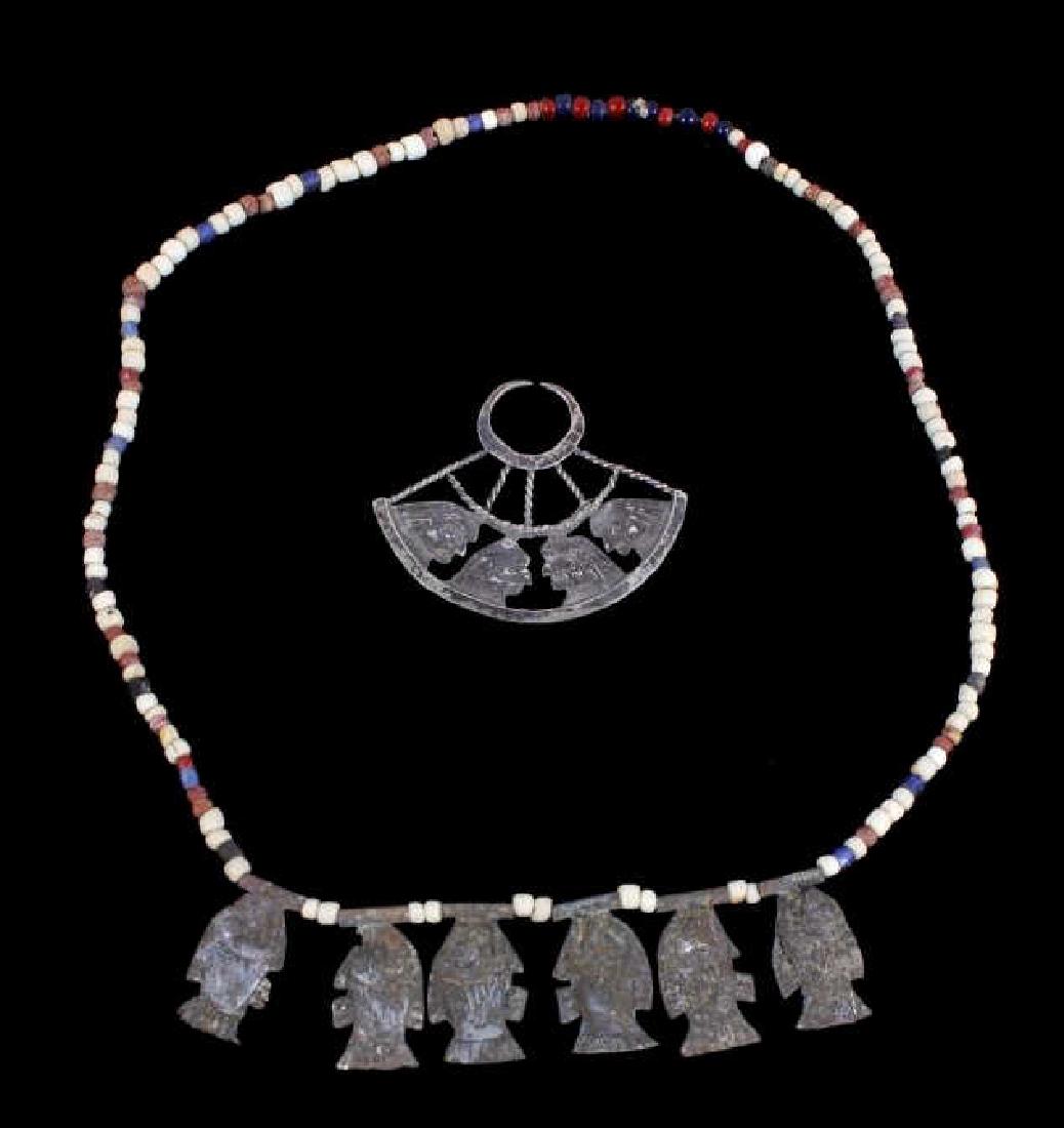 North West Coast Fish Effigy Necklace & Nose Ring: Available for you is a Northwest Native American Indian fetish necklace, and a silver birdman effigy nose ring. The necklace includes six copper fish effigies that appear to be mangrove snapper, red s