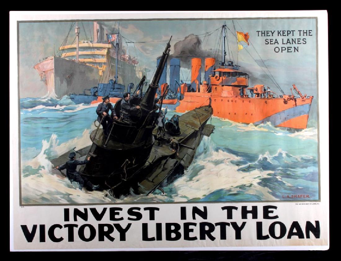 Original WWI Victory Liberty Loan War Bond Poster: This is an original WWI Victory Liberty Loan War Bond poster from circa 1918. The poster shows a scene with war ships and merchant mariners. The artwork for the poster was created by Leon Alaric Shafe